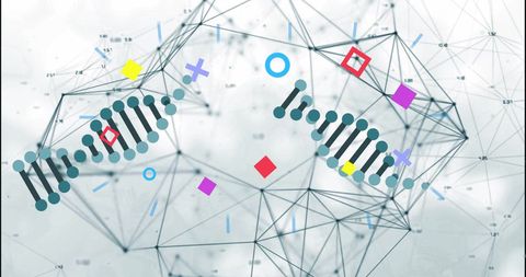 Abstract dna strand with geometric shapes and network connections
