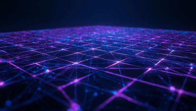 Futuristic Neon Grid with Glowing Nodes in Digital Space