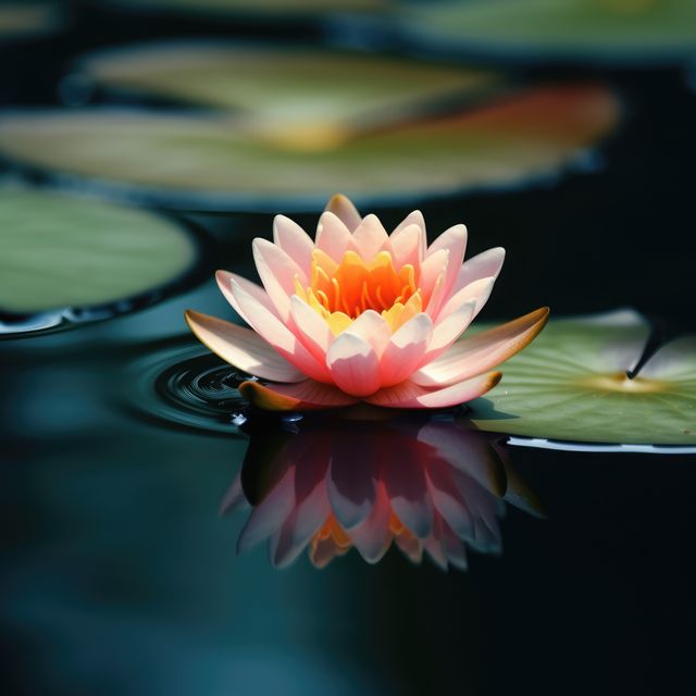 Beautiful bloom of a pink water lily floating gently on a calm pond. Perfect for nature-themed projects, mindfulness and meditation visuals, and environmental awareness campaigns. Use to promote tranquility, beauty of nature and gardening.
