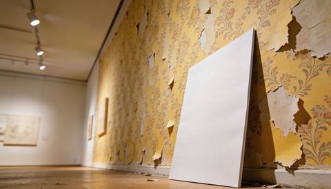 Blank canvas leaning against peeling damask wallpaper in contemporary gallery space