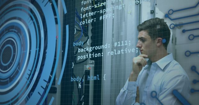 Image depicts a thoughtful software engineer overlooking complex data and codes on a transparent screen in a futuristic server room. This visual is suitable for illustrating topics related to technology, cybersecurity, programming, IT professionals, and digital innovation. Can be used for web articles, tech blogs, and corporate content on the tech industry.