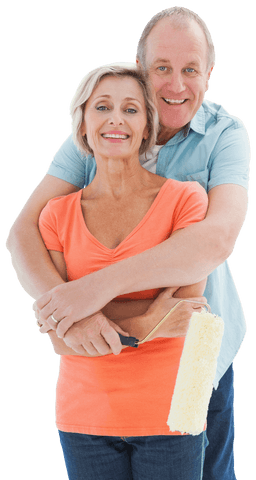Smiling Senior Couple Embracing with Paint Roller Transparent Background