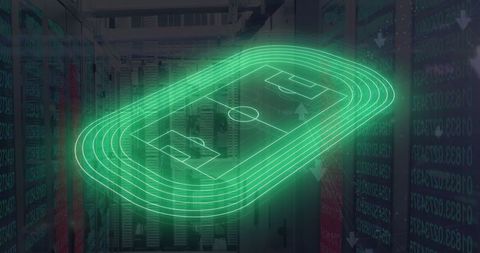 Neon football stadium overlay on data server