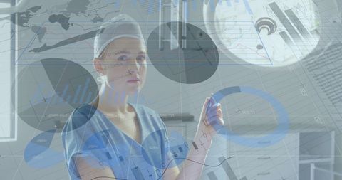 Image depicts a female surgeon with a digital overlay of statistics and data, emphasizing modern healthcare's merger with technology. Ideal for articles on medical advancements, innovation in healthcare, or the increasing role of data analytics in clinical settings.