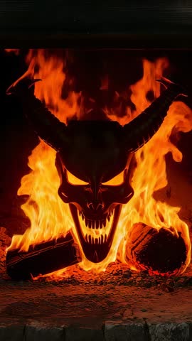 Demonic Horned Skull Rising from Burning Hearth Flames Vertical Video for Gothic Horror Atmosphere
