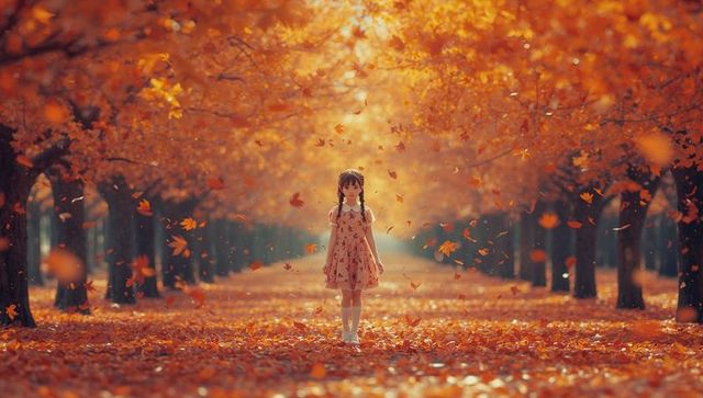 Child Among Falling Leaves on Idyllic Autumn Path