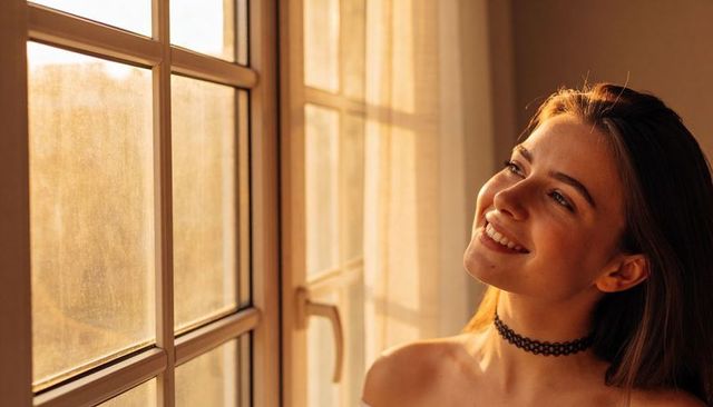 Sunlit young woman smiling by window wearing lace choker and strapless top