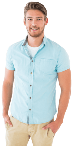 smiling young man in light blue shirt posing with transparency - Download Free Stock Videos Pikwizard.com