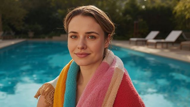 Young woman wrapping striped towel poolside at golden hour, relaxed summer portrait