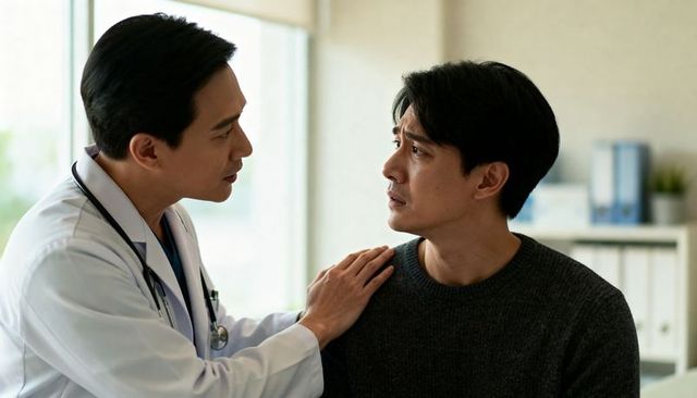 Doctor comforting worried patient during consultation offering empathy and reassurance
