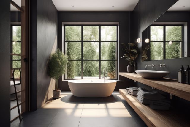 Sunny modern bathroom with french windows and view to trees, created using generative ai technology - Download Free Stock Photos Pikwizard.com