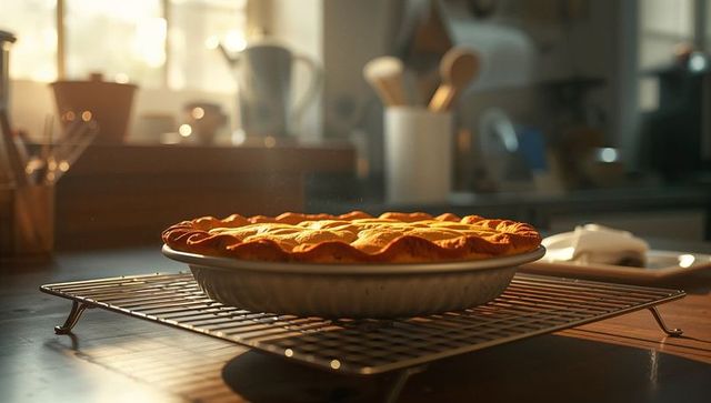 Golden Lattice Crust Pie on Cooling Rack in Sunlit Kitchen