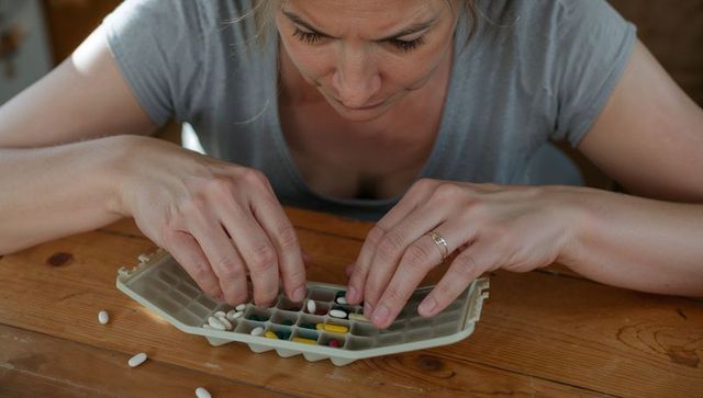 Midlife woman sorting medication into weekly pill organizer on kitchen table showing wedding band