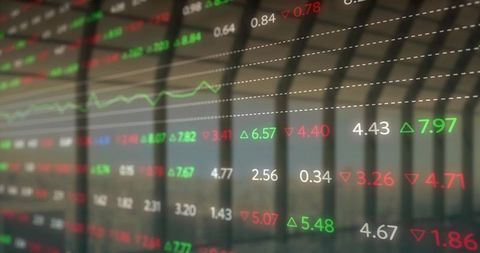 Transparent market ticker showing live stock prices on glass office with reflections