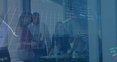 Team Collaborating with Digital Data Interface Overlay