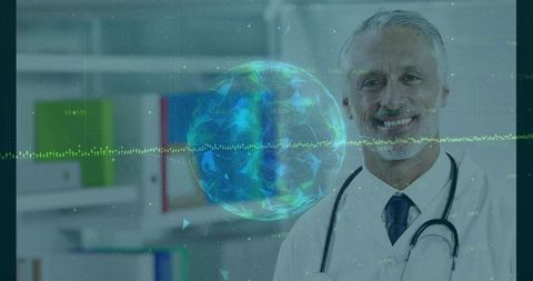 Futuristic Healthcare Environment with Doctor Analyzing Digital Globe