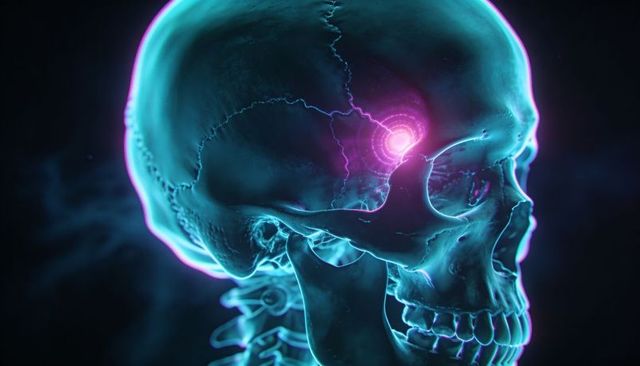 Neon Skull with Magenta Temple Orb and Electric Arcs Revealing Cervical Vertebrae