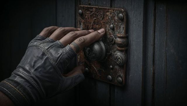Gloved hand reaching rusted doorknob on weathered wooden door tattooed fingertip closeup