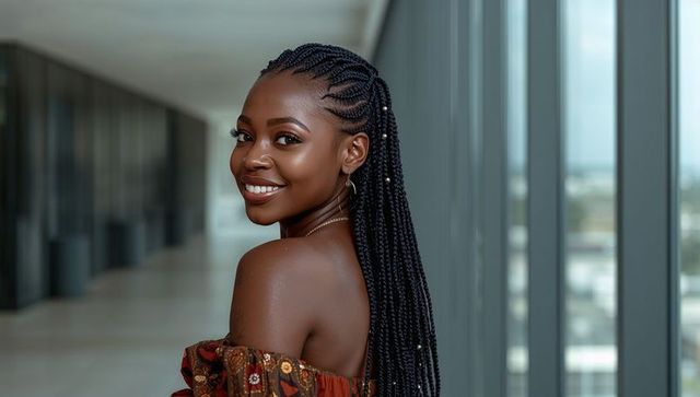 Chic woman smiling in modern urban hallway