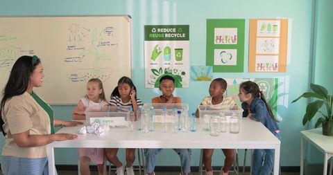 Elementary students sorting recyclables and learning sustainability with teacher in classroom