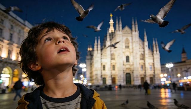 Boy gazing at pigeons over illuminated gothic cathedral square at night, sense of wonder