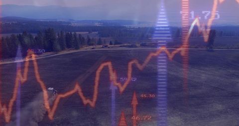 Tractor plowing field with agricultural analytics overlay showing market trends and data