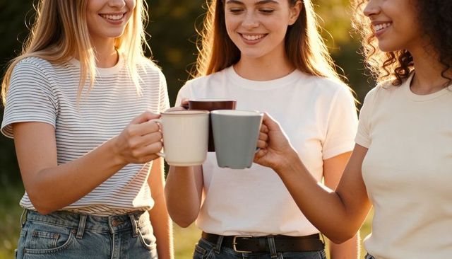 Friends clinking mugs at golden hour outdoors, casual t-shirts and jeans