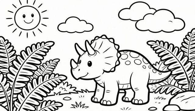 Standing triceratops coloring page, cartoon dinosaur exploring fern-filled grassy clearing