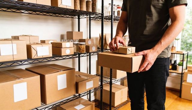 Small Business Packing Station Packing Orders and Tying Twine on Cardboard Boxes for Shipping