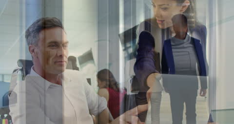 Animated Coworkers Collaborating Over Laptop in Office Setting