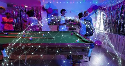 Neon pool table party with friends taking selfie and futuristic network overlay