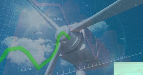 Wind turbine with analytics graphics under clear sky