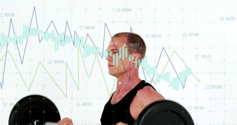 Man lifting barbell with fitness analytics overlay and performance data graph
