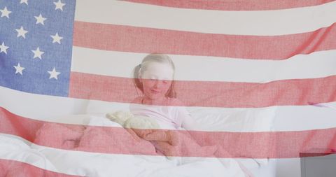 American Flag Overlying Young Girl Waking Up at Home