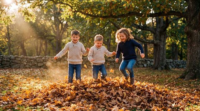 Three children jumping in autumn leaves laughing in sunlit woodland park wearing knit sweaters