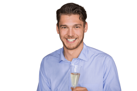 Smiling caucasian man holding champagne on transparent background