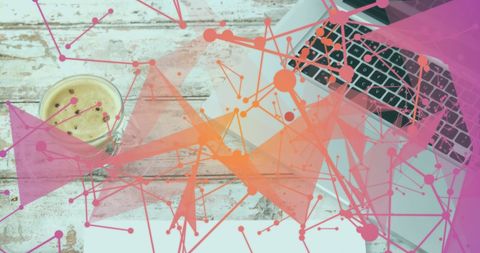 Colorful plexus connecting over coffee and laptop