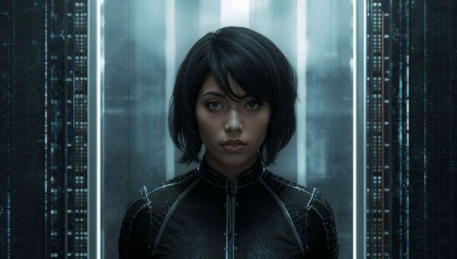 Standing cyberpunk woman in high-collar zippered tech suit inside illuminated data bay