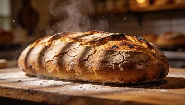 Rustic artisan sourdough loaf cooling on floured wooden board with steam rising