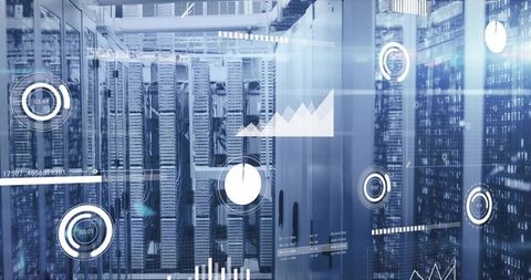 Futuristic Data Center Server Racks with HUD Overlays Visualizing Real-Time Analytics