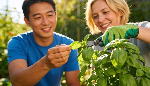 Smiling couple trimming fresh basil in sunlit backyard herb garden, teamwork for cooking