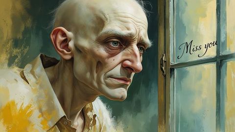 Nostalgic senior man looking out window in reflection