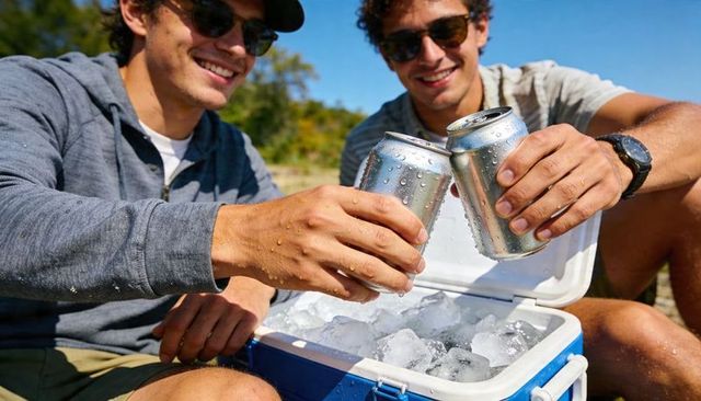 Two friends clinking chilled cans while cheering at sunny outdoor picnic with cooler