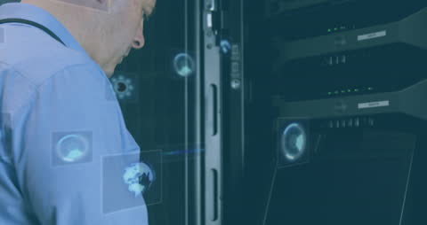 Engineer working in data center with digital interface overlay