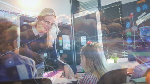 Teacher Guiding Students in Classroom with Digital Connections Overlay