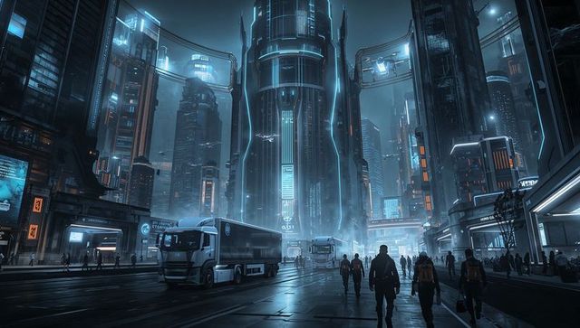 Neon megacity nightscape showing towering blue core, wet street reflecting trucks, crowds and drones