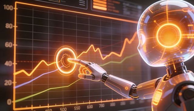 Humanoid robot interacting with orange holographic analytics dashboard showing data trends