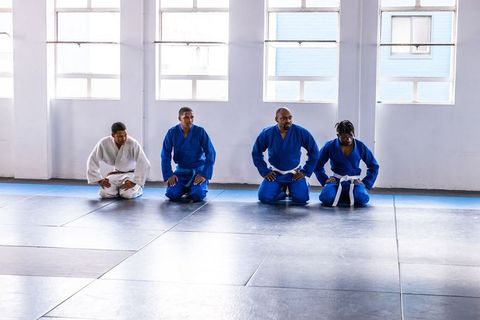 Diverse Martial Arts Group Kneeling in Seiza at Dojo