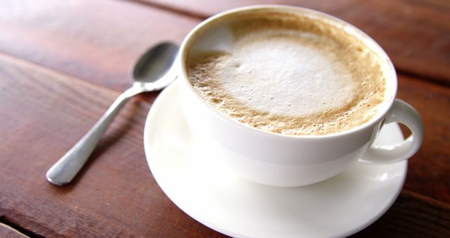 Close-up of cup of coffee with saucer and spoon on table in coffee shop 4k - Download Free Stock Photos Pikwizard.com