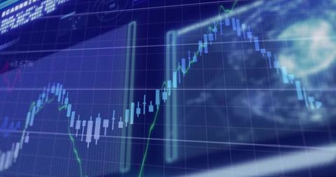 Futuristic Blue Candlestick Chart with Green Trend Line on Digital Financial Grid